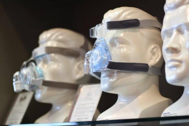 cpap masks on a shelf