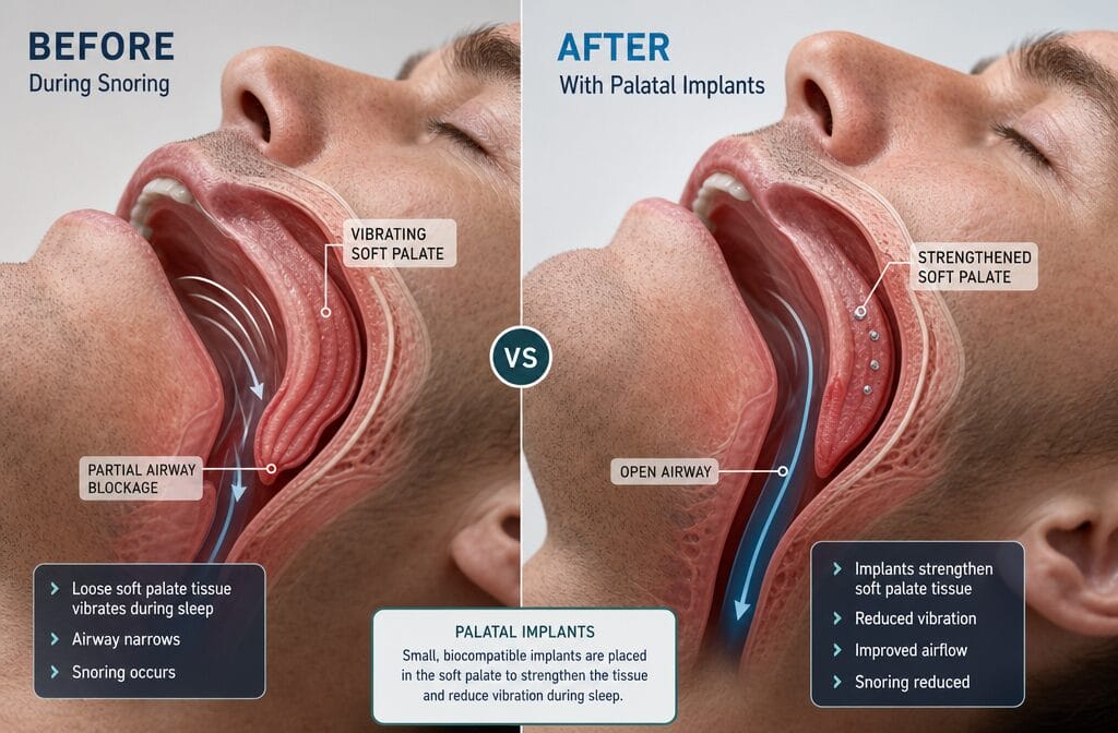 Before-and-after comparison infographic showing soft palate vibration patterns: left side showing loose tissue vibrating during snoring, right side showing strengthened tissue with implants reducing vibration