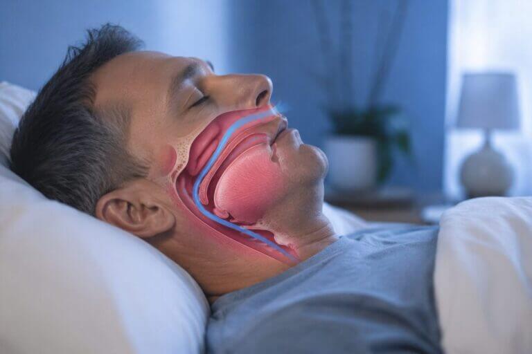medical illustration showing a peaceful sleeping person with a subtle cross-section view of the soft palate area