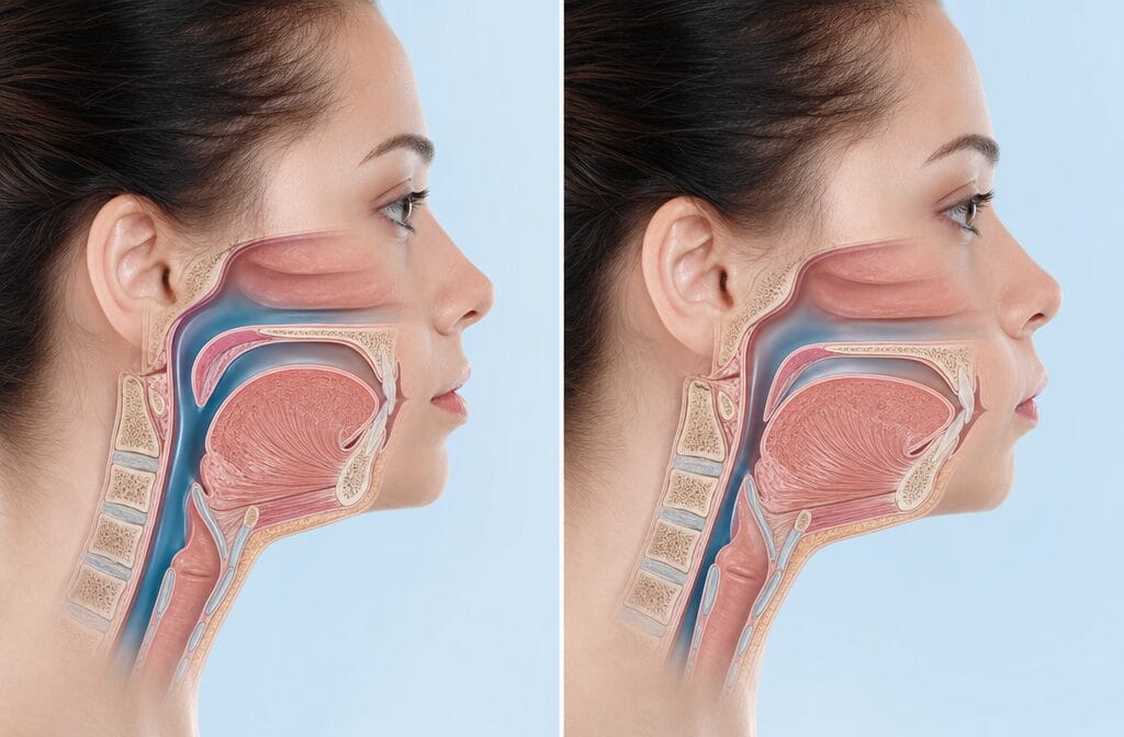 Split-screen professional medical illustration showing normal jaw alignment vs overbite profile, with airway passage