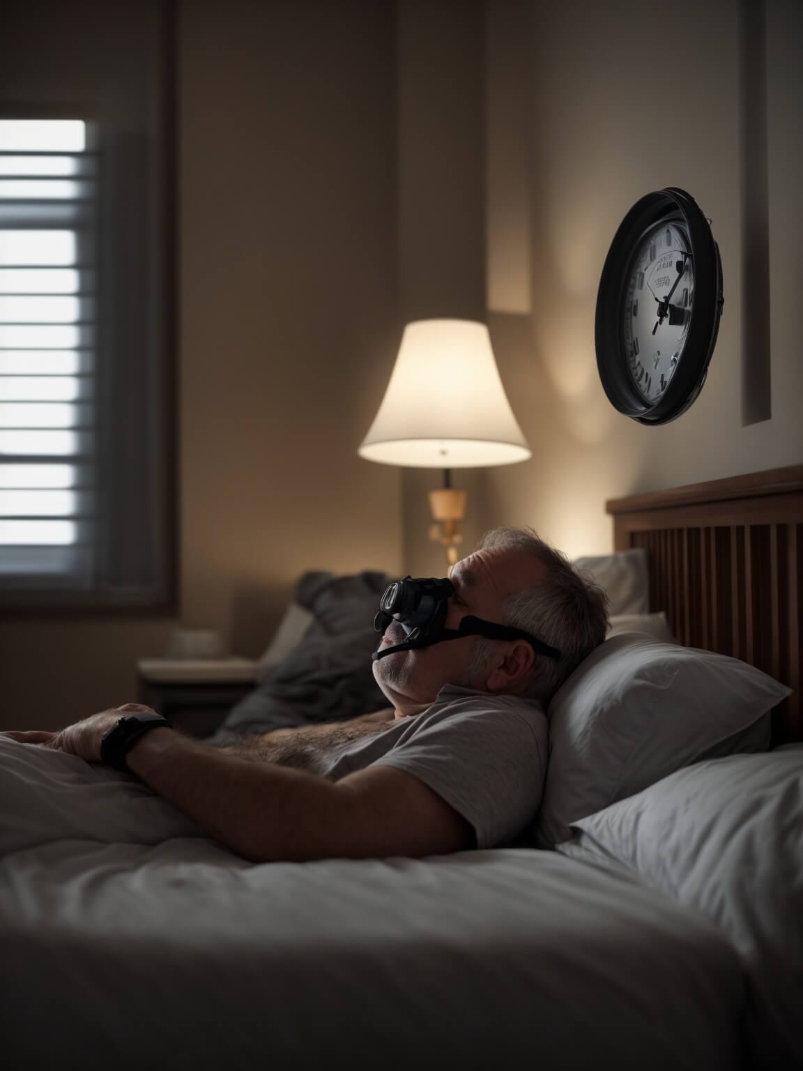 bedroom setting with a middle-aged man sleeping soundly in bed
