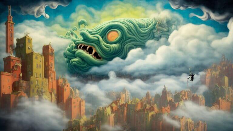 snoring monster looms over a sleeping town