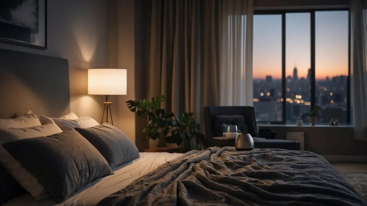 A bedroom with a raised bed, no electronics, blackout curtains, a humidifier, and a glass of water on the nightstand