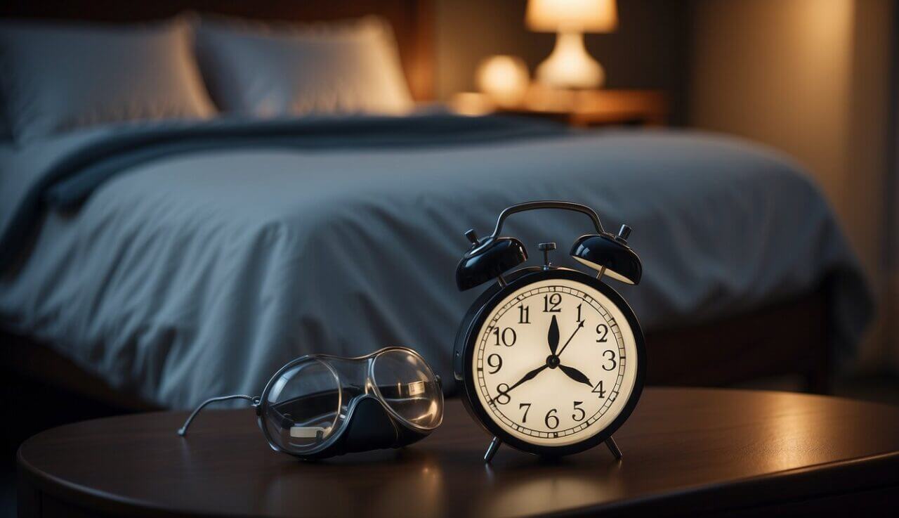 A clock showing the same time every night, a cozy bed, a darkened room, a sleep mask, and a CPAP machine on a bedside table