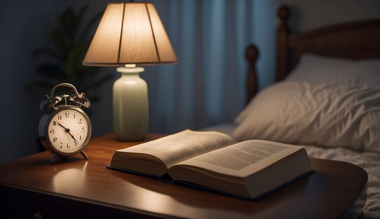 A peaceful bedroom with a dimly lit lamp, a comfortable bed, and a sleep apnea mask on the nightstand. A glass of water and a book on healthy lifestyle changes sit nearby
