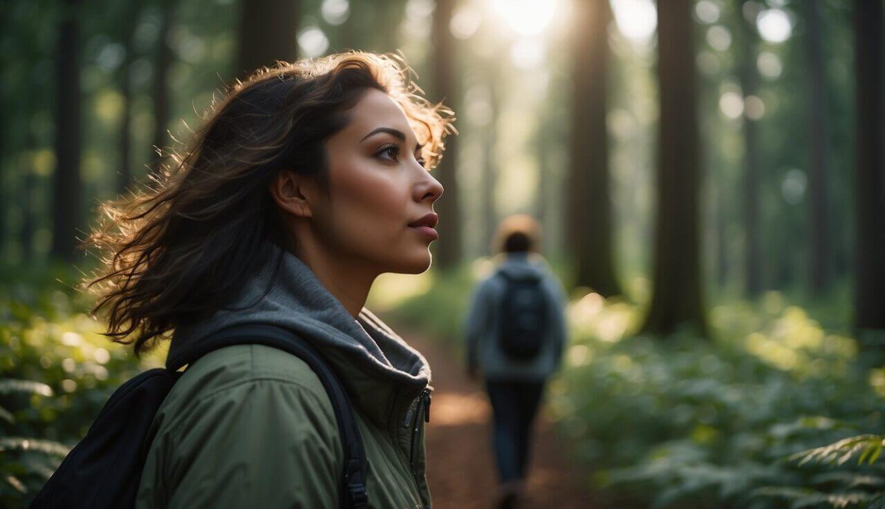 A person walking through a peaceful forest, surrounded by trees and wildlife, taking deep breaths through their nose