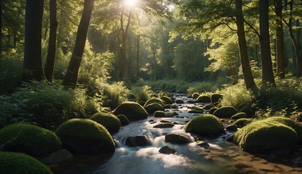 A serene forest with a clear blue sky, where a stream flows gently and birds chirp. The air is fresh, and the trees sway in the gentle breeze, creating a peaceful and calming atmosphere