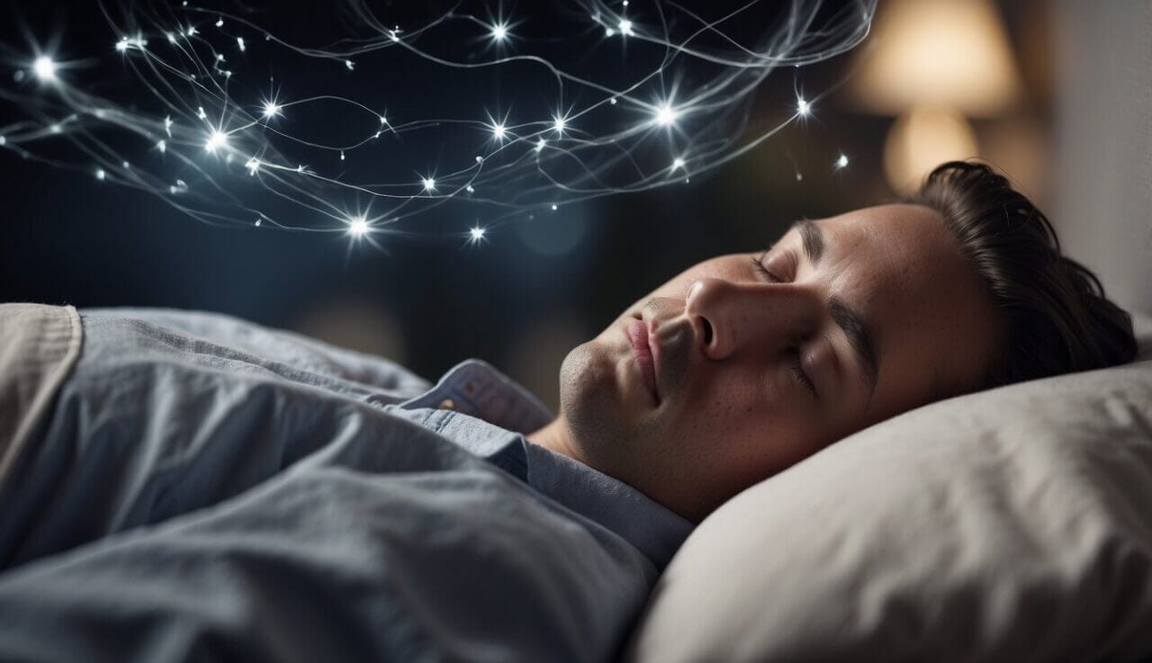 A person sleeping peacefully, with ZZZs floating above their head, while a tangled mess of nasal passages and a constricted airway are depicted nearby
