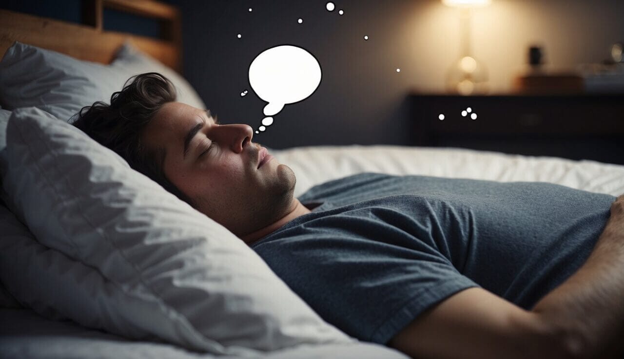 A person lying in bed, snoring loudly with a thought bubble showing a memory being lost