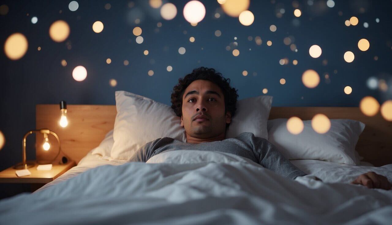 A person lying in bed, surrounded by thought bubbles showing memories fading away. A partner next to them looks frustrated and exhausted