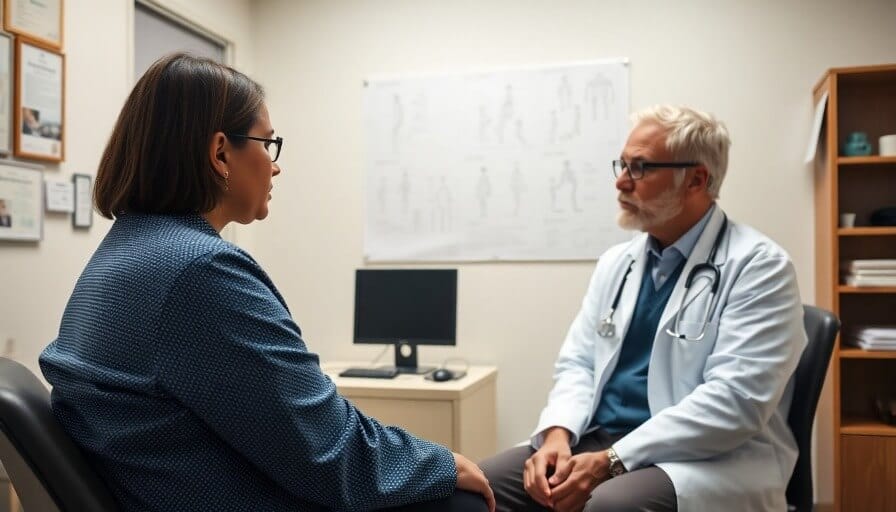 a patient speaks with a physician