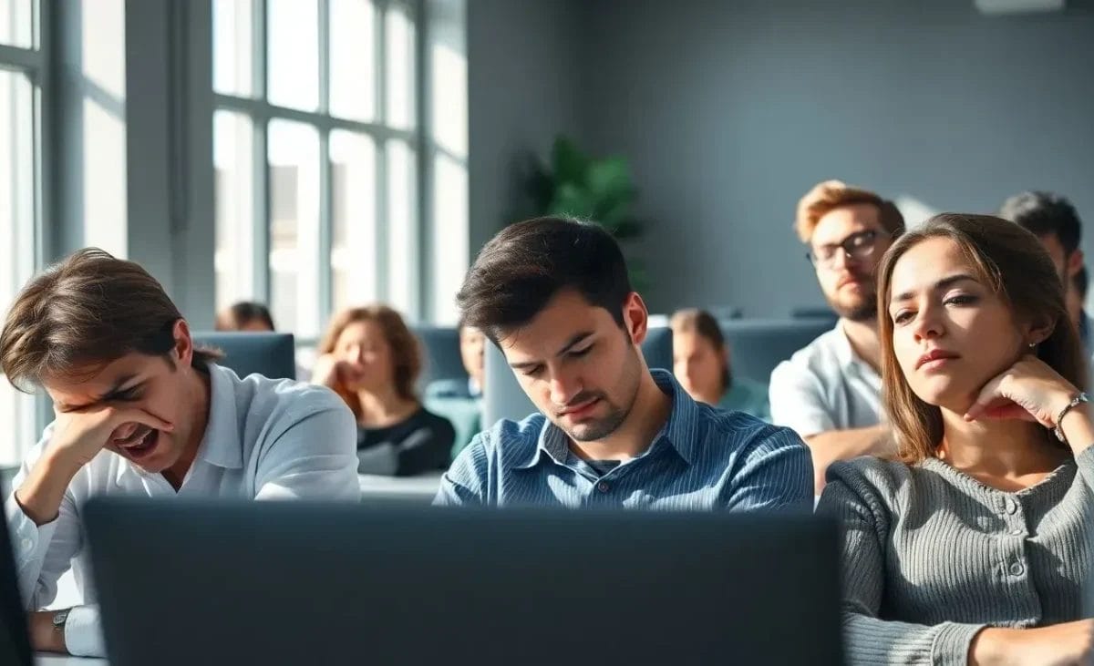 group of people (different ages and ethnic backgrounds) looking fatigued during the day at a workplace