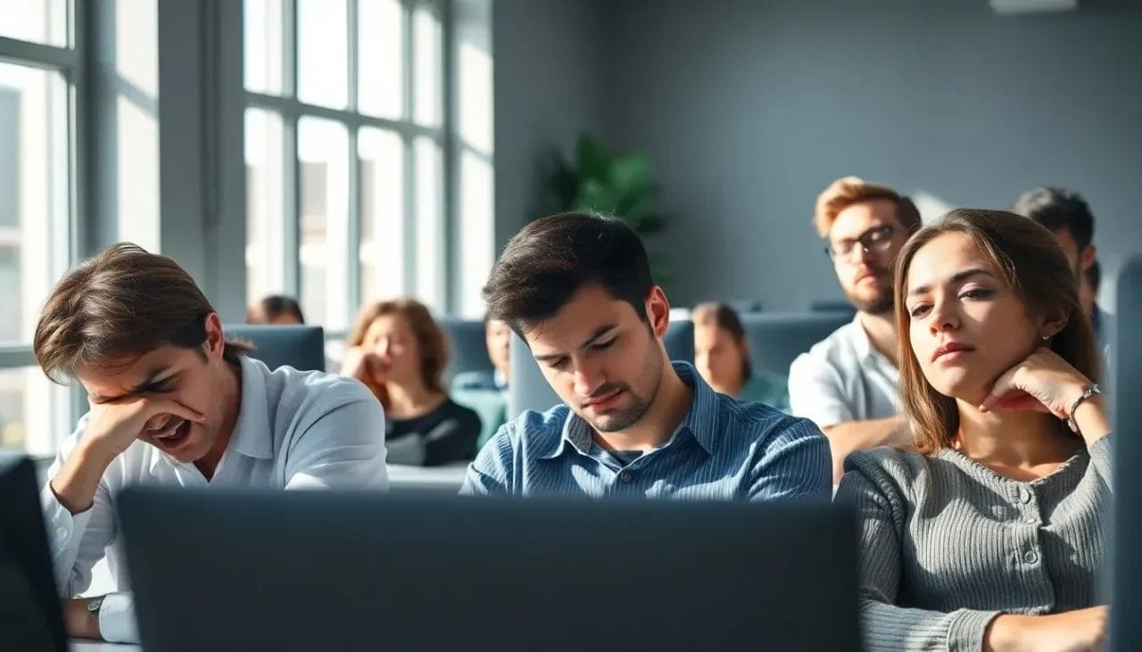 group of people (different ages and ethnic backgrounds) looking fatigued during the day at a workplace