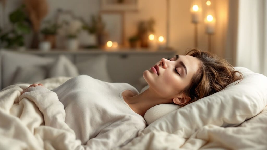 A woman sleeping on her back with chin support, surrounded by soft pillows and warm lighting.