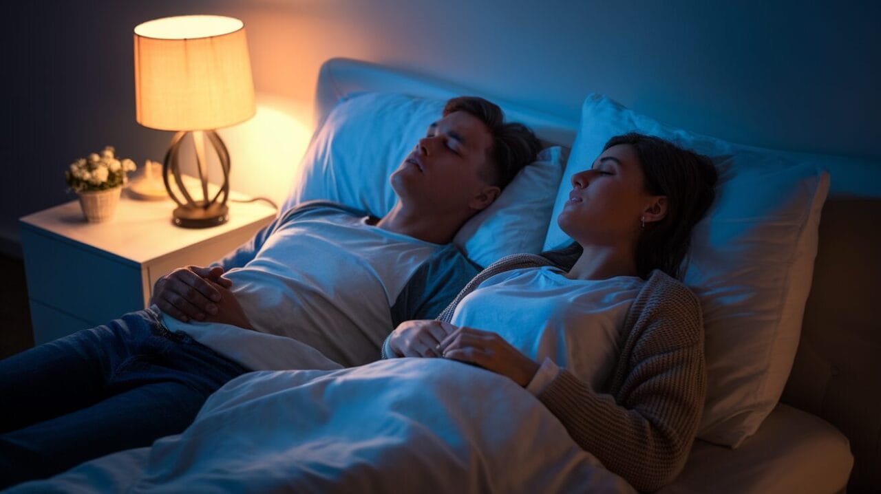 A couple sleeping in bed with one partner snoring, dimly lit by a bedside lamp.