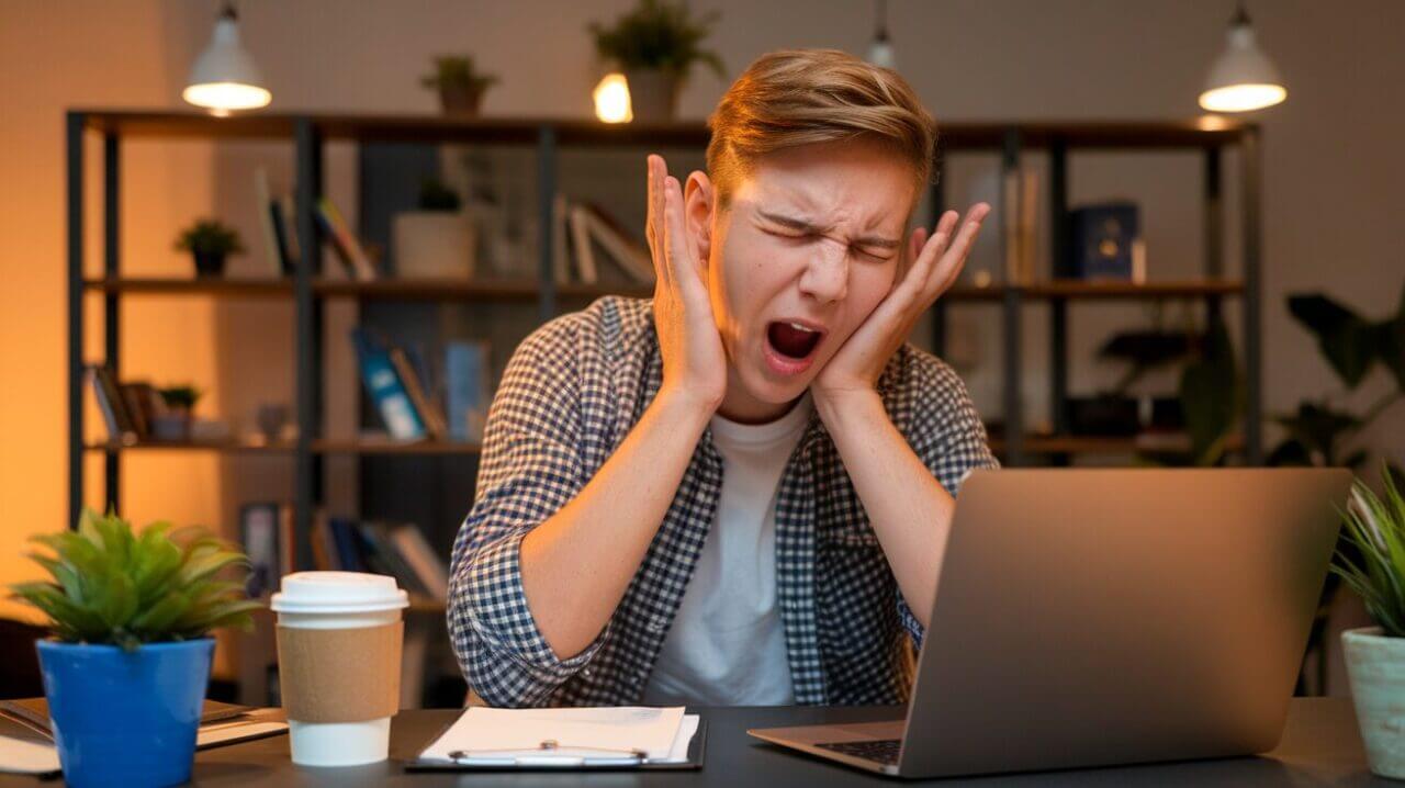 A young man sitting at a desk looking frustrated, with his hands on his face, possibly feeling tired due to snoring.