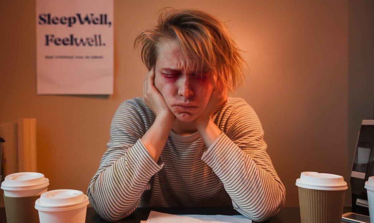 A tired person looks stressed with hands on their face surrounded by coffee cups and a sleep poster.