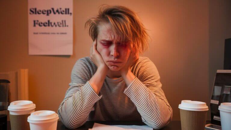 A tired person looks stressed with hands on their face surrounded by coffee cups and a sleep poster.