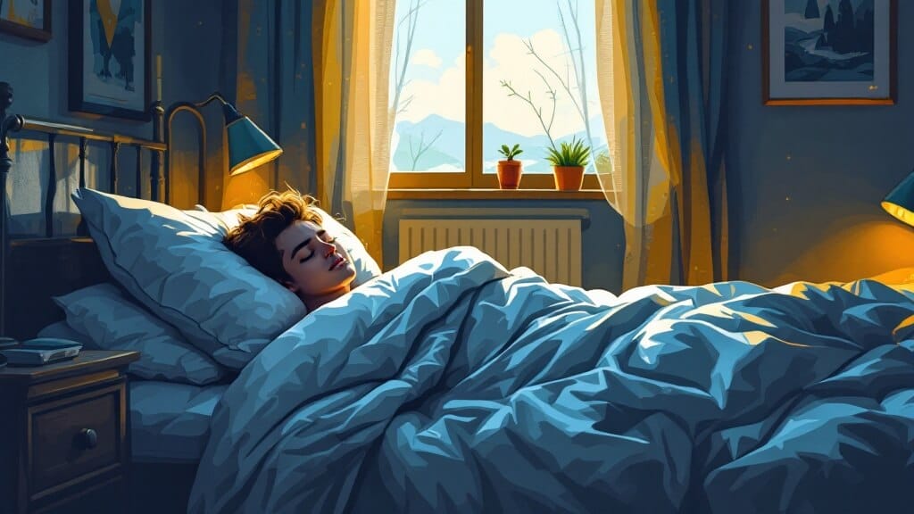 A person sleeping peacefully on their side in a cozy bedroom.