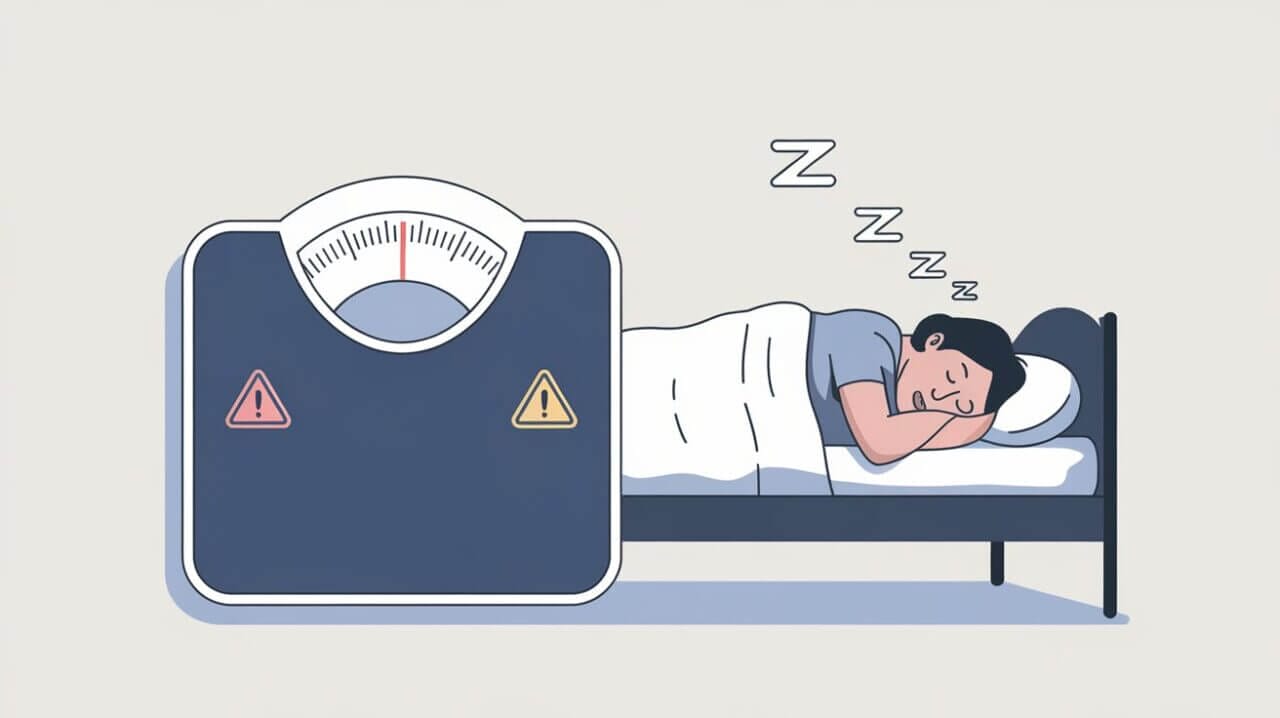 An illustration showing a person snoring in bed with a scale indicating weight concerns.