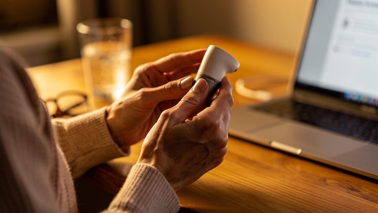 Person researching and choosing anti-snoring device at home